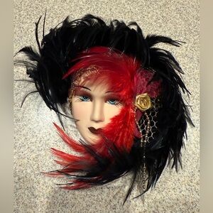 Elegant Red /Black Feathered Mask Wall Decor
